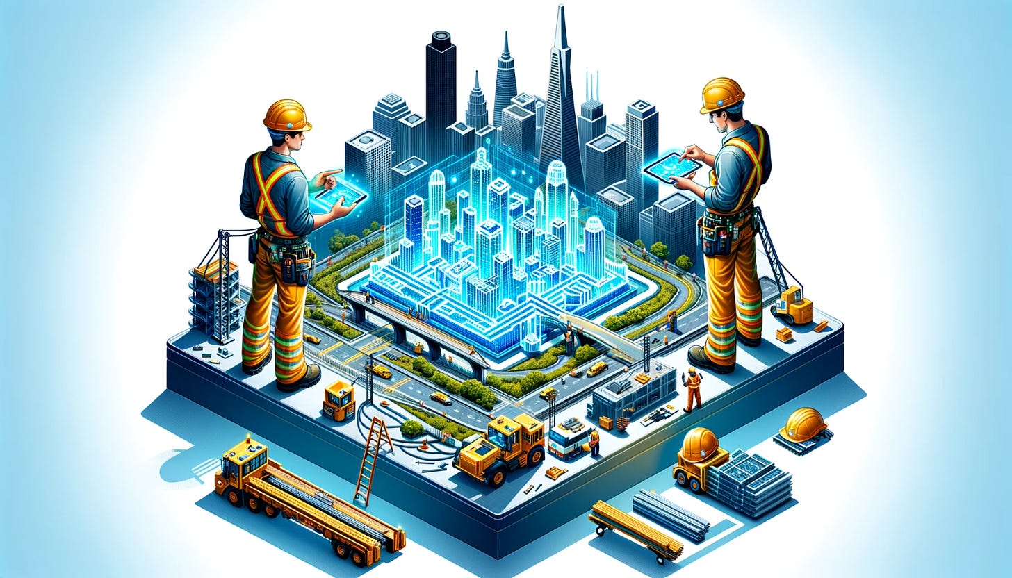 Create a hyperrealistic and isometric icon set on a white background, incorporating a landscape view of San Francisco in the background, capturing the essence of construction workers engaged in future planning within an 8-bit inspired aesthetic. The icon should feature two construction workers, detailed in a pixelated style to hint at 8-bit graphics, standing beside a holographic planning table that displays futuristic blueprints or plans. These plans should suggest advanced technology or buildings yet to be constructed, with glowing blue and cyan lines to contrast against the construction theme. The construction workers are to be dressed in bright yellow and orange construction attire, including hard hats and reflective vests, to ensure they are immediately recognizable. One worker is gesturing towards the holographic display, indicating a discussion or planning process, while the other looks on, holding a digital tablet or device. The iconic San Francisco skyline, including the Golden Gate Bridge and the Transamerica Pyramid, should be subtly integrated into the background, providing a recognizable and dynamic setting. The overall design should cleverly blend the simplicity of 8-bit art with the complexity and depth of hyperrealistic, isometric design, making the icon both nostalgic and forward-looking, set on a white background.