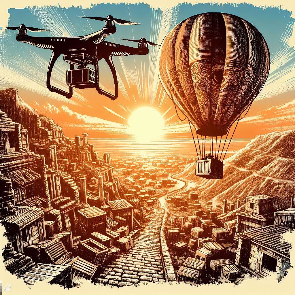  grahic illustration stamp, an ancient hot air baloon together with an modern drone dropping food crates to an earthquake hit ancient town during sunrise