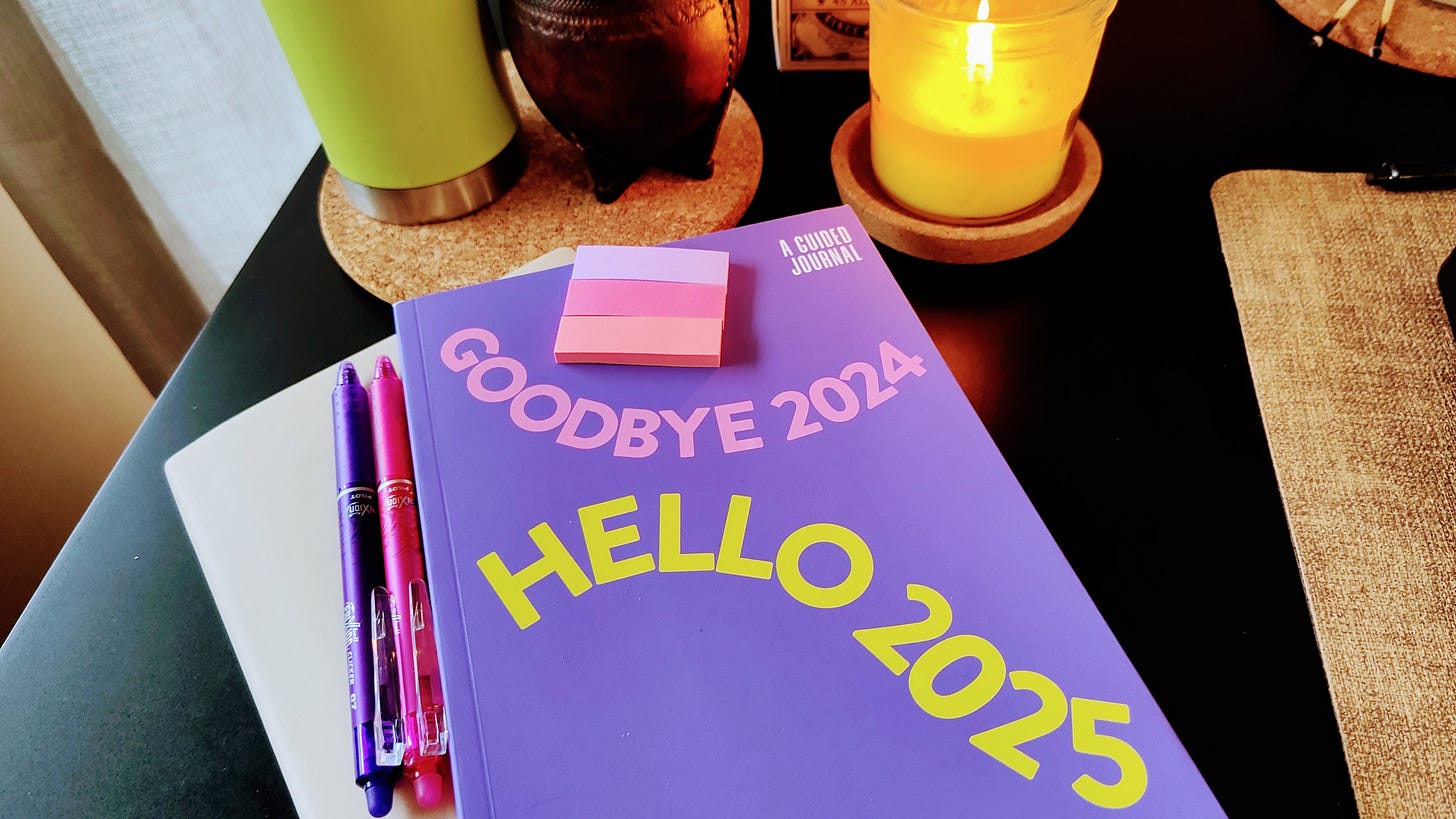 Close-up of my  Goodbye 2024, Hello 2025 journal. My mate, thermos and a lit candle are in the background. 