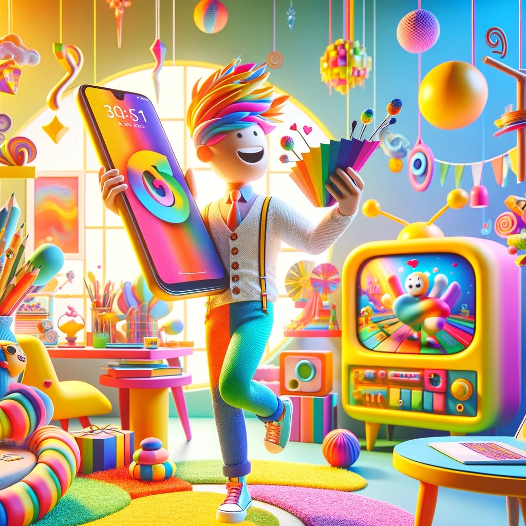 Create a playful and whimsical image of a gender-neutral person who is 'extremely online'. The person is in a colorful and imaginative room, cheerfully engaging with a bright smartphone in one hand and a creatively designed laptop in the other. A whimsical TV in the background is showing a vibrant, cartoon-like program. The setting is filled with fun and quirky decor, like unusual-shaped furniture, vibrant colors, and imaginative art pieces. The atmosphere is light-hearted and full of energy, capturing a joyful approach to being immersed in technology, without any specific text or titles.