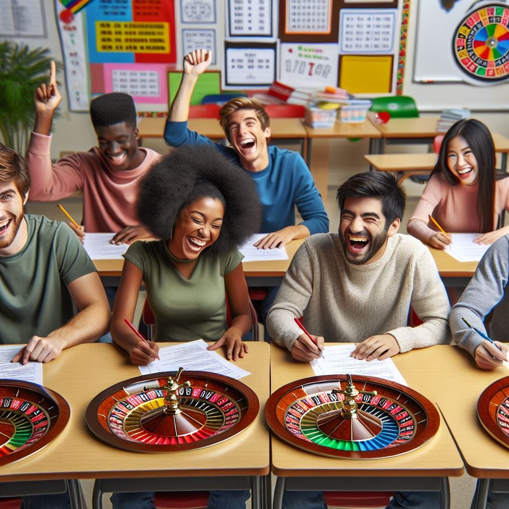 Thumbnail Image students grading teachers as doofuses using roulette wheels to figure out the numbers to write, in a funny style