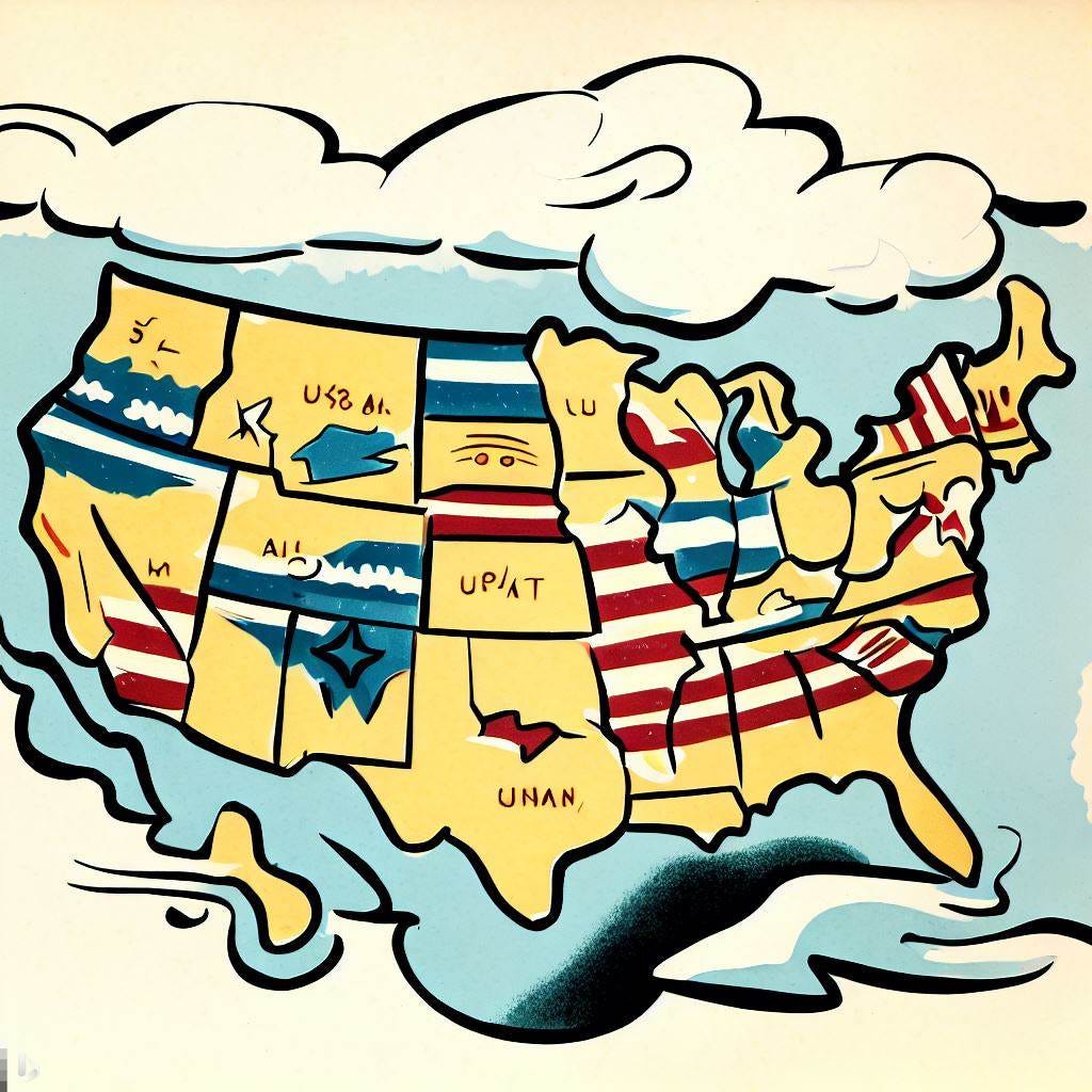 cartoon map of the us, 1930s