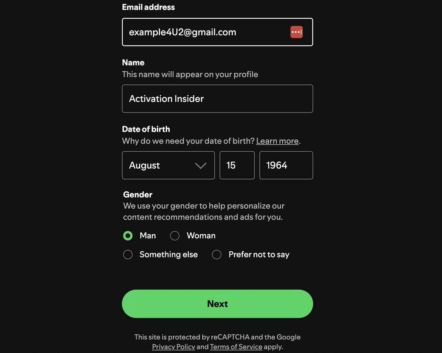 Spotify playlist self-segmenter image asking for my gender and birthdate