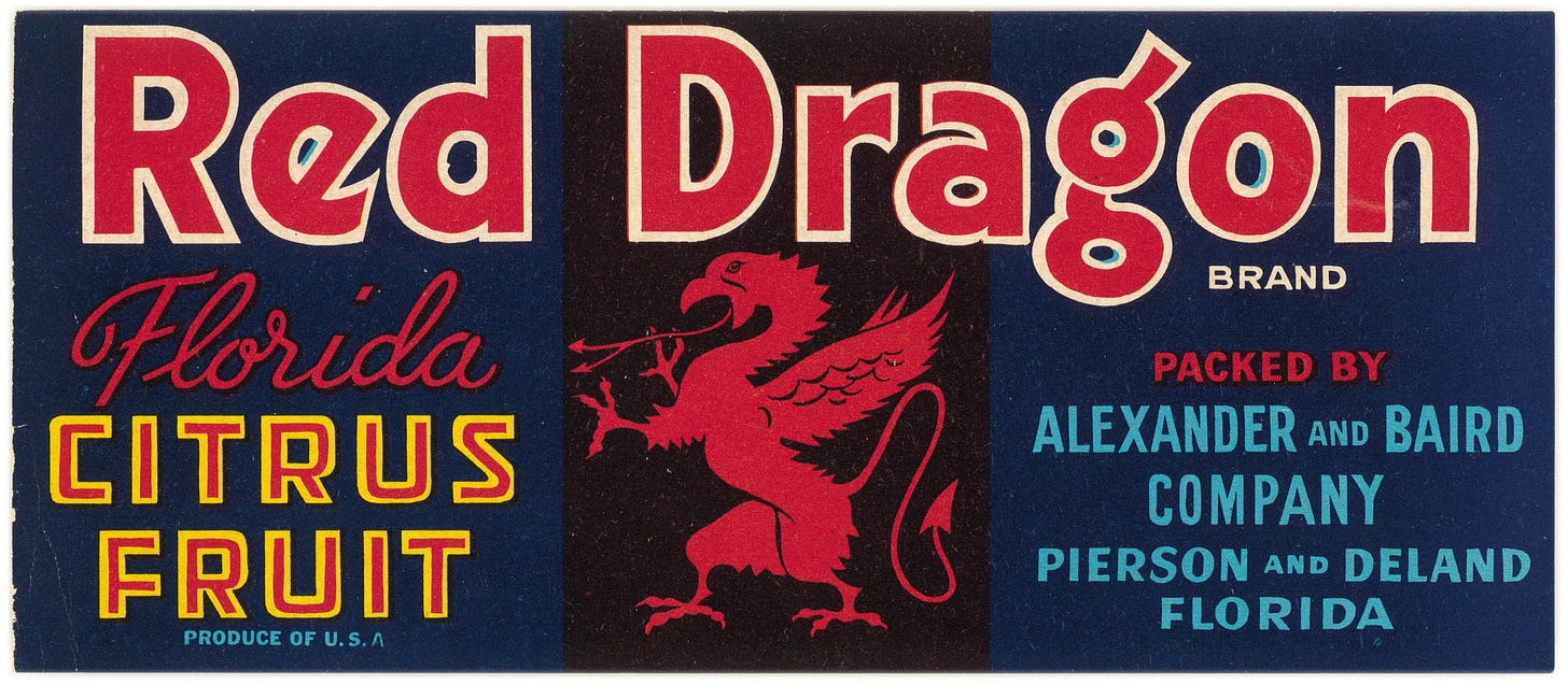 A black label with a dragon in red