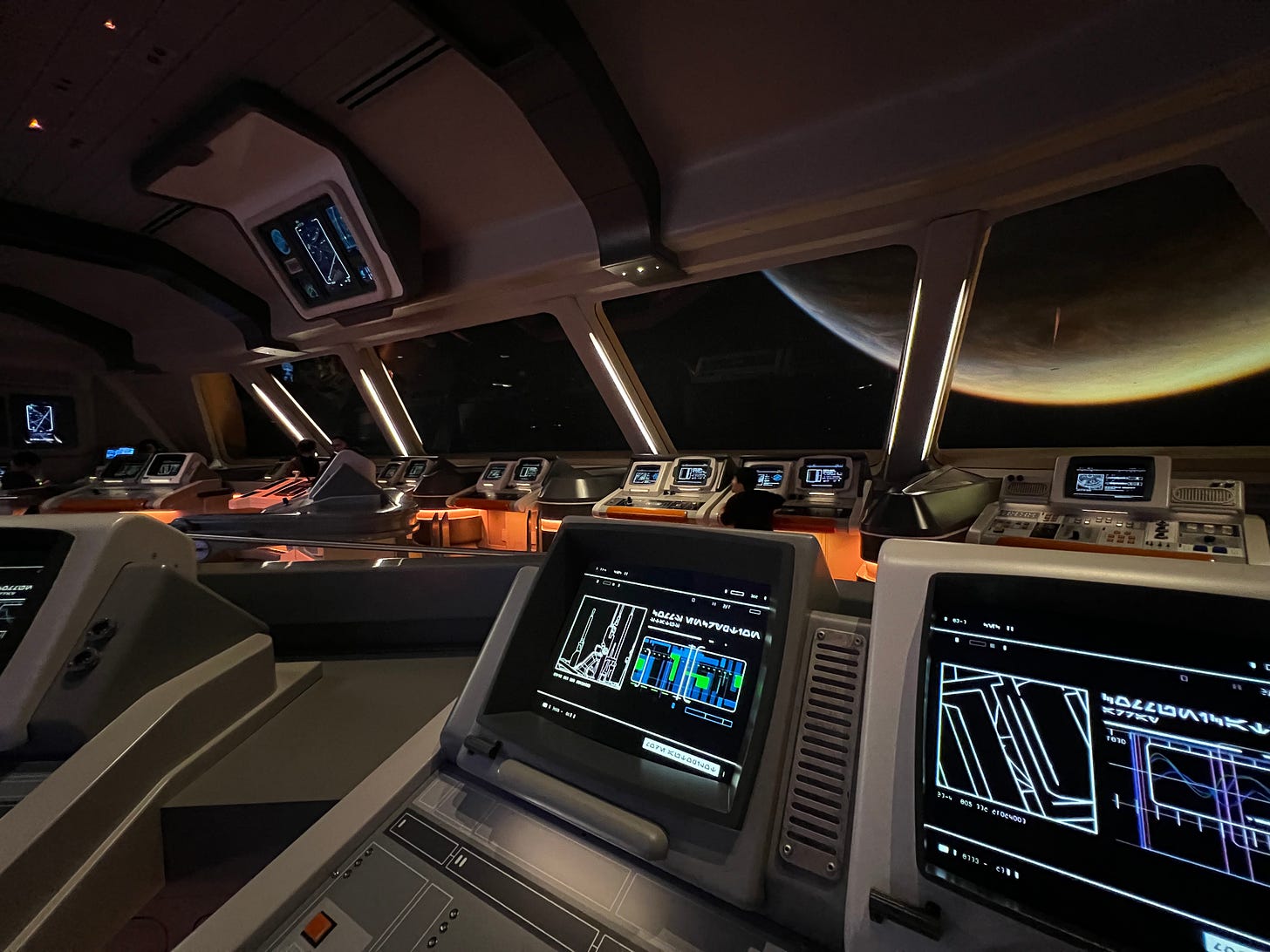 A spaceship bridge with computers