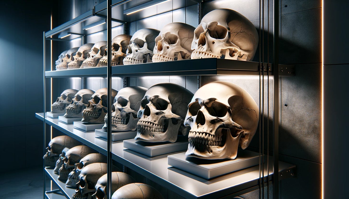 A realistic collection of skull samples displayed with dramatic lighting. The skulls are neatly arranged on metal shelves in a well-lit, sterile environment. Each skull varies in size and shape, showcasing different species and historical periods. The lighting casts sharp shadows and highlights the intricate details of the skulls. The background features a clean, clinical setting with subtle textures on the walls. The overall mood is scientific and focused, emphasizing the significance of the skull samples in an educational context.