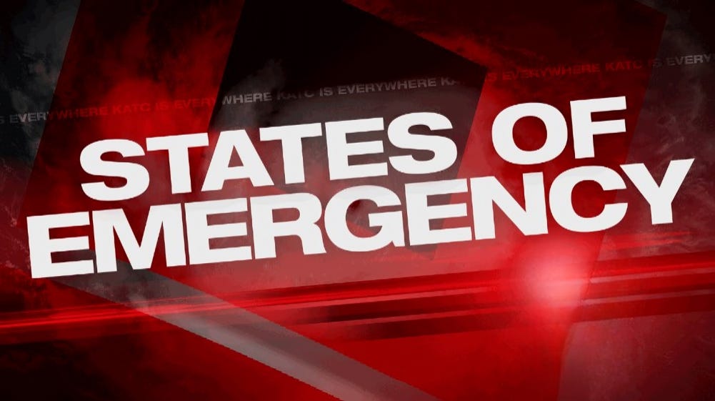 Bold white text reading "STATES OF EMERGENCY" on a red and black background, symbolizing multiple, severe crises affecting American states, with urgent undertones of civil unrest, electoral security, and national defense needs.