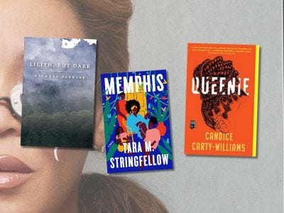 3 covers of books with a Beyonce promo image in the background