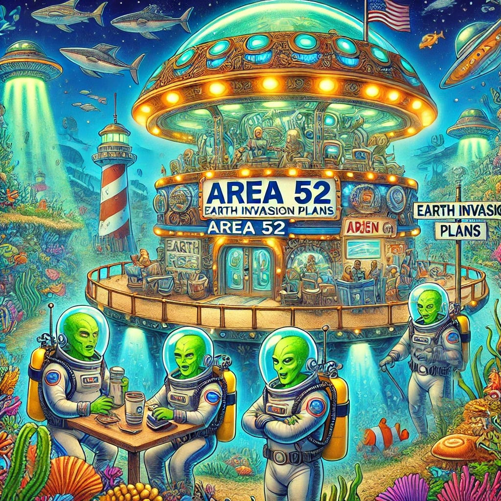 A colorful political cartoon depicting an underwater alien base. The scene features a futuristic alien structure with glowing lights and unusual architecture, surrounded by marine life like fish, coral reefs, and seaweed. The aliens are humorously dressed in scuba gear, interacting with Earth-style gadgets like televisions and coffee makers. A banner on the base reads 'Area 52' in bold, quirky letters. The setting has a vibrant, playful tone, with lighthearted elements like a sign pointing to 'Earth Invasion Plans' and another to 'Alien Cafe.' The ocean is depicted with bright blues and greens, creating a lively and engaging atmosphere.