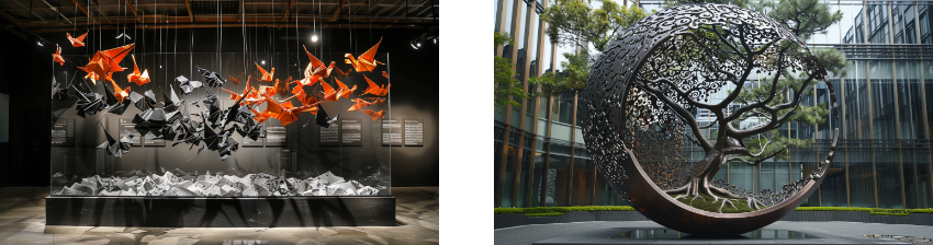 An exhibit of suspended origami cranes in black and bright orange, arranged dynamically over a bed of crumpled paper; an intricately designed circular metal sculpture encasing a tree in an outdoor courtyard surrounded by modern buildings.