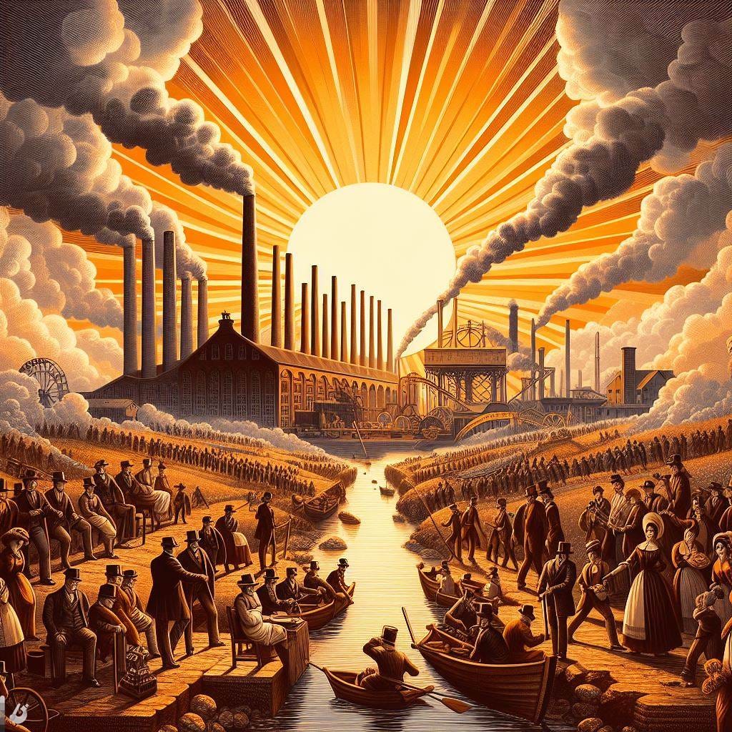 industrial revolution developing in the 18th century, portrayal of progress and development into mass society, sunny aesthetic