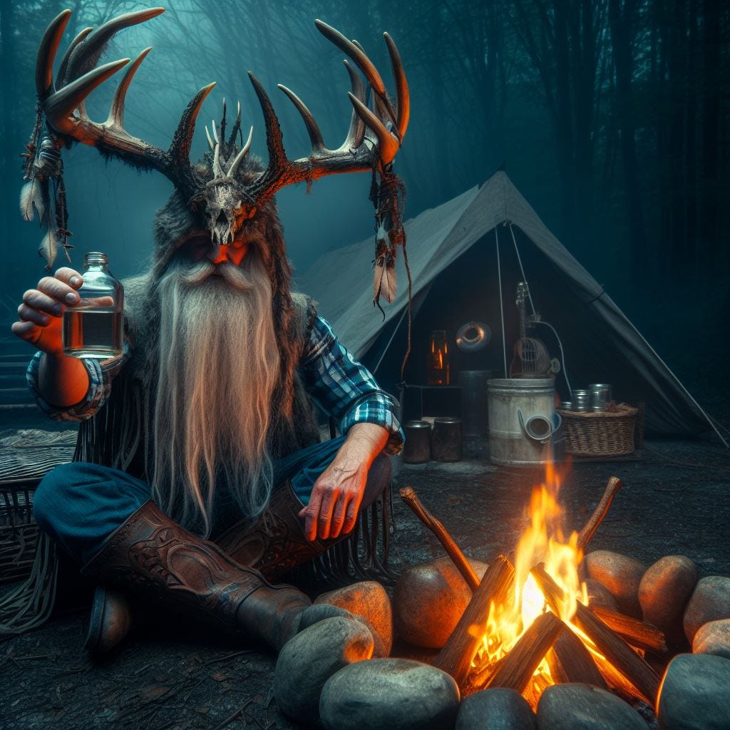 Hillbilly shaman with an antler helm before a campfire offering the viewer moonshine