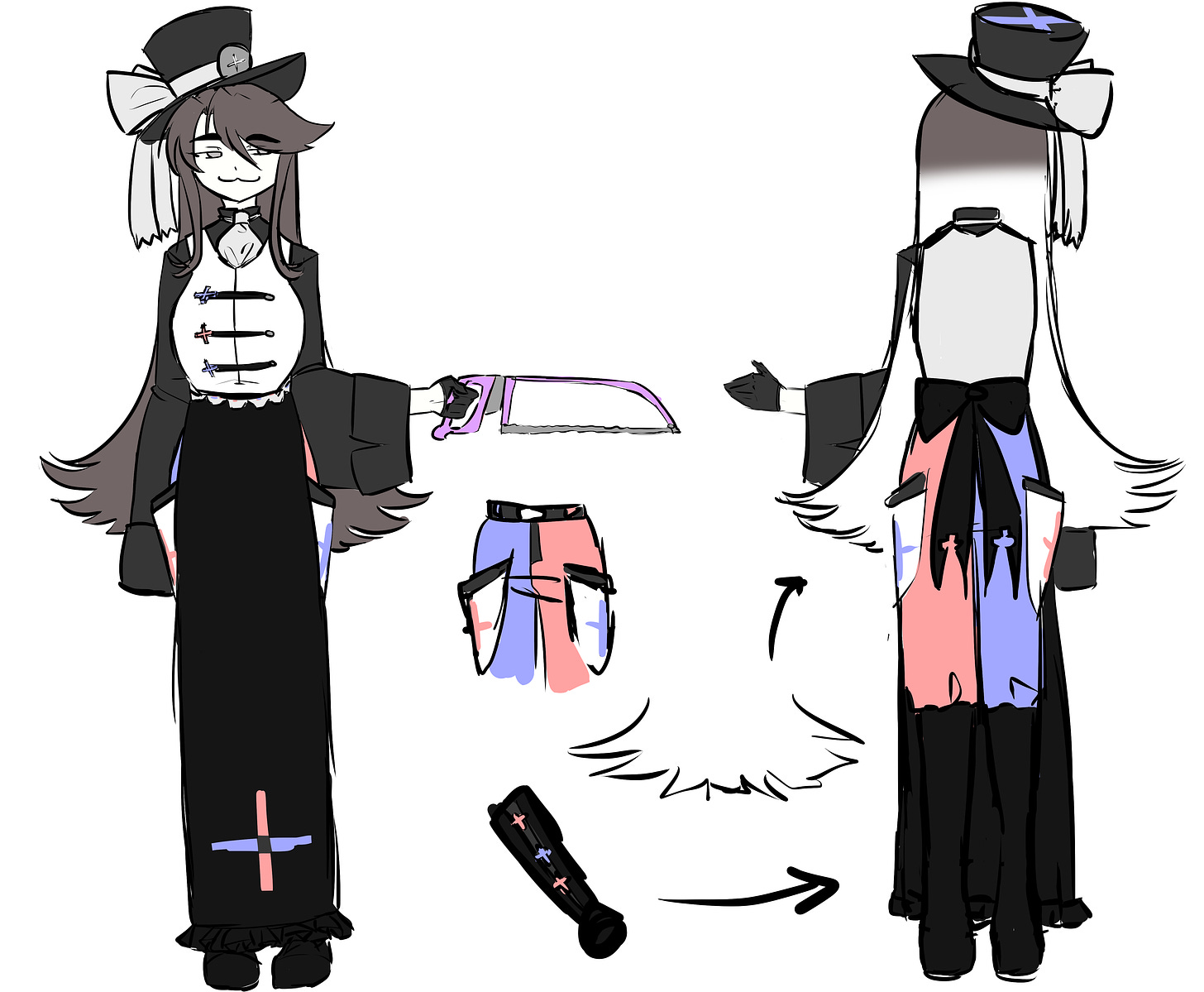 new milk+ visual mascot monochrome matrimony's design sheet. she has a smug face and thick brows, pale skin, pale grey eyes, and long greyish hair that has a tendency to curl upwards. she wears a top hat and a frilly victorian surgeon uniform, as well as knee-high boots and short gloves. she wields a purple hacksaw. her outfit is primarily greyscale with splashes of pink and blue and lots of plus motifs.
