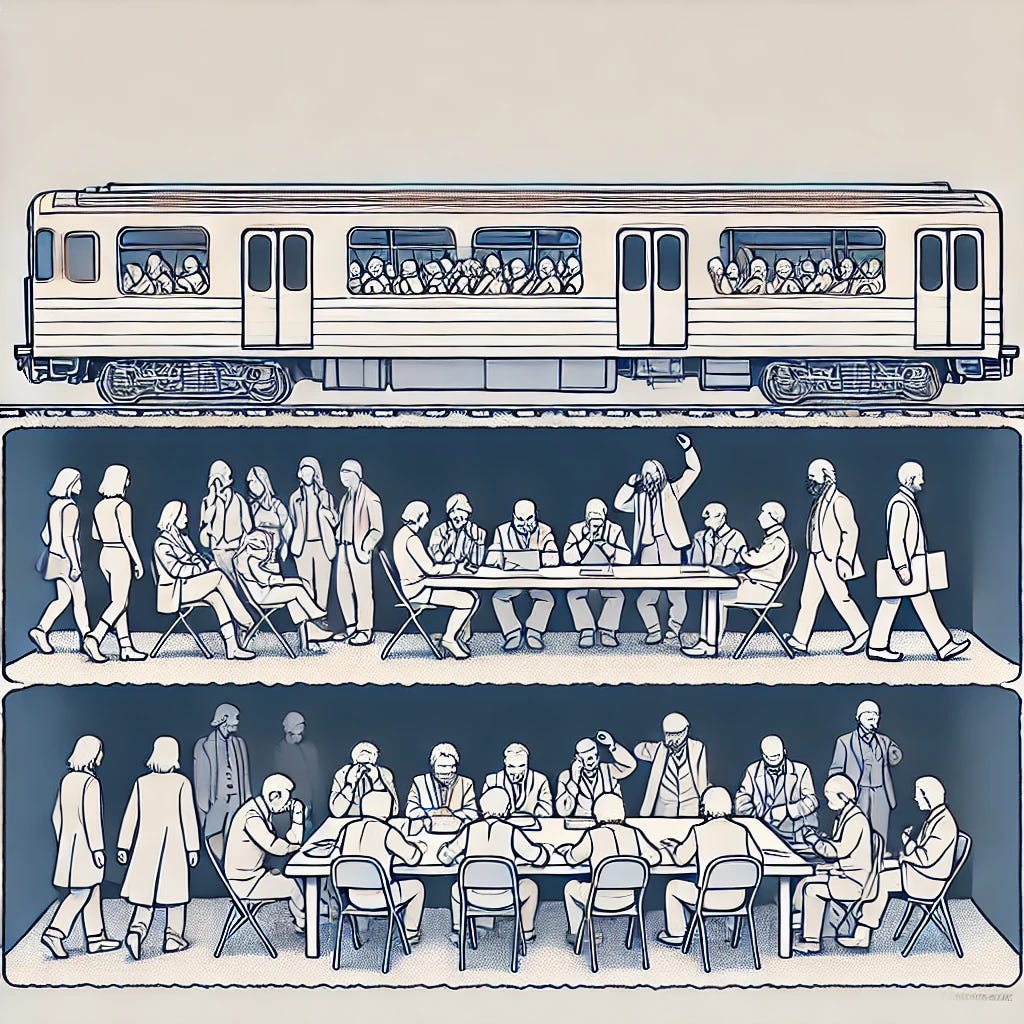 A simplified, perfectly flat and horizontal visual metaphor. The scene features a train filled with diverse and chaotic public figures, shown in a straight, horizontal line. Beneath the train tracks, a vibrant underground world is depicted in a similar horizontal line, alive with discussions and debates from unacknowledged radicals. The design is minimalist, using clean lines and simple shapes to clearly contrast the orderly chaos of the train above with the dynamic discussions below.