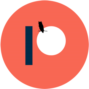 Orange Patreon logo--a black line with a white circle, all surrounded by a white circle. a black owl silhouette sits on the white circle