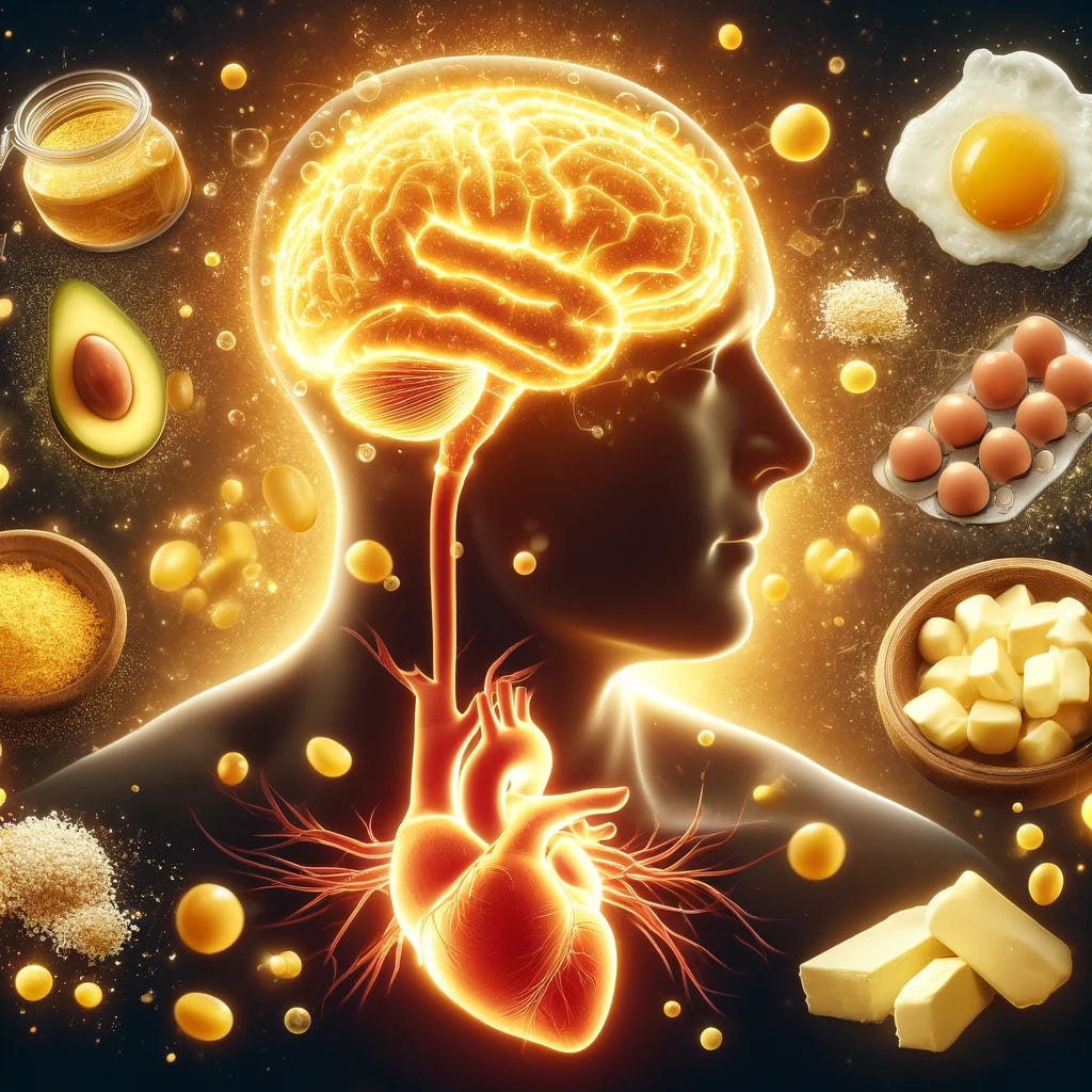 A visually compelling representation of cholesterol’s essential role in the human body and brain. The image features a glowing human brain and heart interconnected by golden cholesterol molecules, symbolizing its vital function. The background is divided: one side showing natural, nutrient-rich foods like eggs, butter, and meat, while the other side subtly hints at pharmaceutical pills, representing the controversy around statins. The warm, vibrant tones emphasize the importance of cholesterol for cognitive function and overall health.