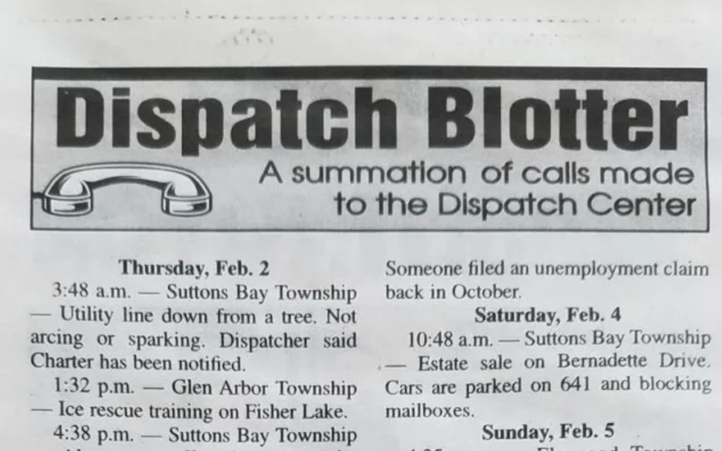 Image of a newspaper column that says "dispatch blotter" and a list of incidents 