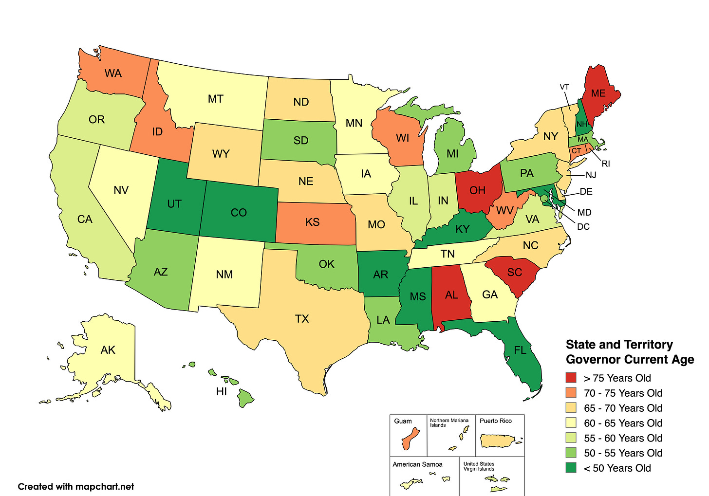 r/dataisbeautiful - [OC] Current state and territorial governors by age in 2024