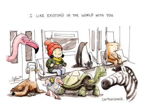 Subway Animals, 2024. By Connie Sun Watercolor and ink drawing of a cartoon girl with a red beanie in a subway car, writing in a notebook and surrounded by different animal species, including a penguin, capybara, zebra, tortoise, a seagull with headphones on, and a flamingo mom minding a flamingo chick with a backpack on. Caption reads, "I like existing in the world with you." Original artwork by Connie Sun, cartoonconnie, 2024.
