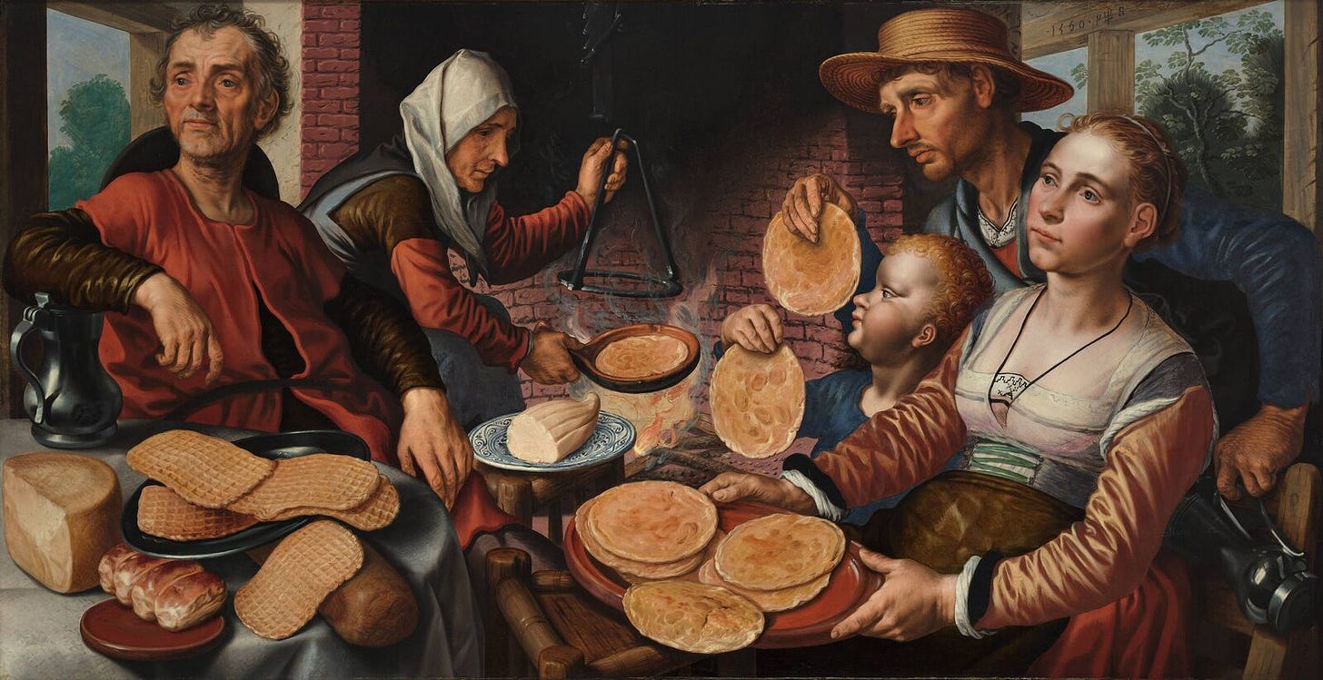 A painting with 4 figures. A woman cooking pancakes. Some pancakes are on the table on a platter. A man is to the right holding a Pancake. A young woman is in the foreground. Another man is to the left of the painting leaning back near some bread and cheese. The picture is a little dark, full of rich earth tones