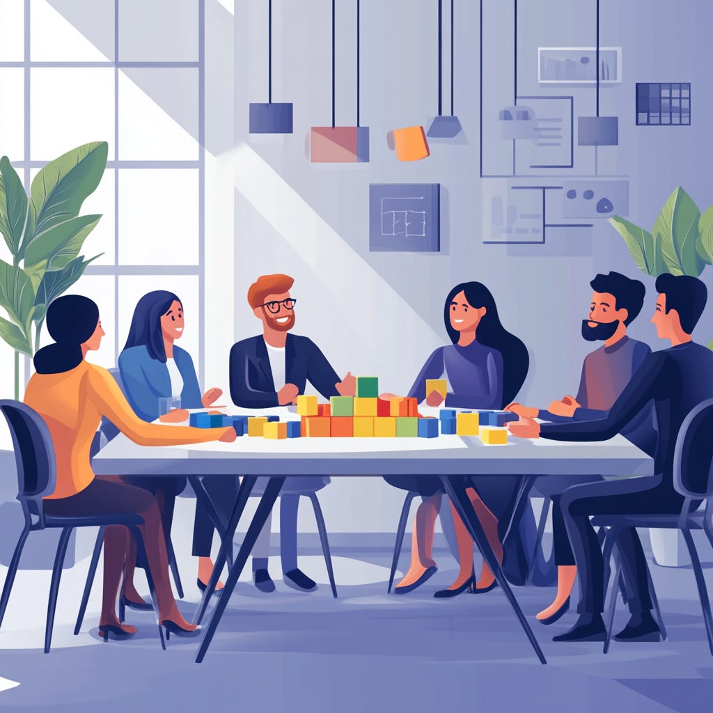 A diverse team of people sitting around a meeting table looking engaged and optimistic, with building blocks or puzzle pieces being rearranged on the table