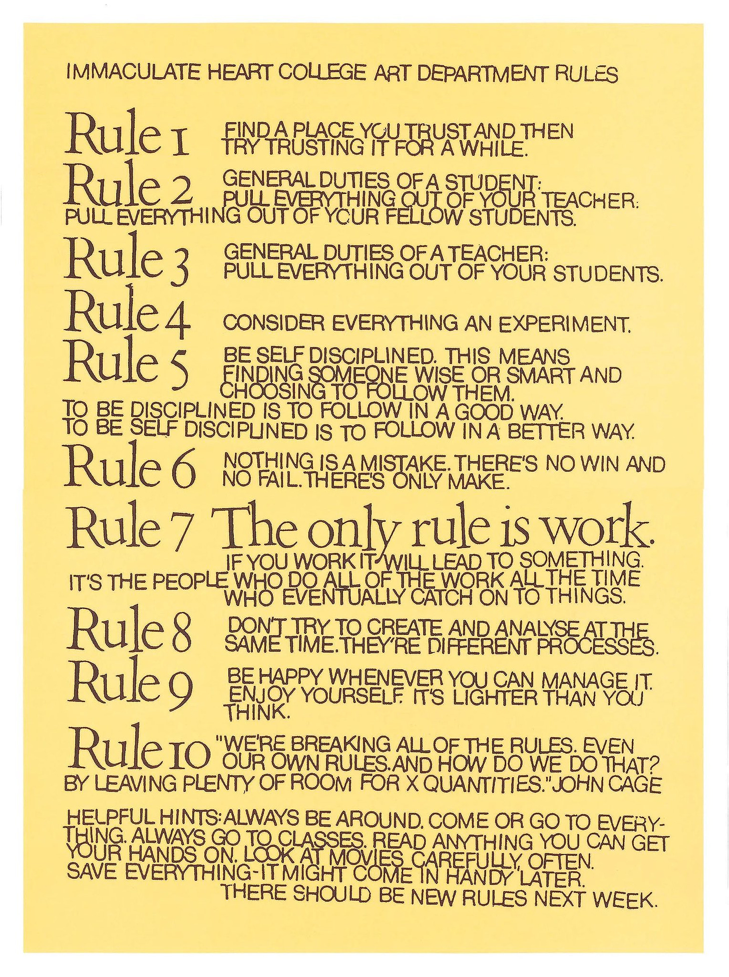 jamie on Twitter: "it seems she just referred to them as "ten rules"—they  were written in collaboration with her class c. 1965 and then the  calligraphy for this print was done three