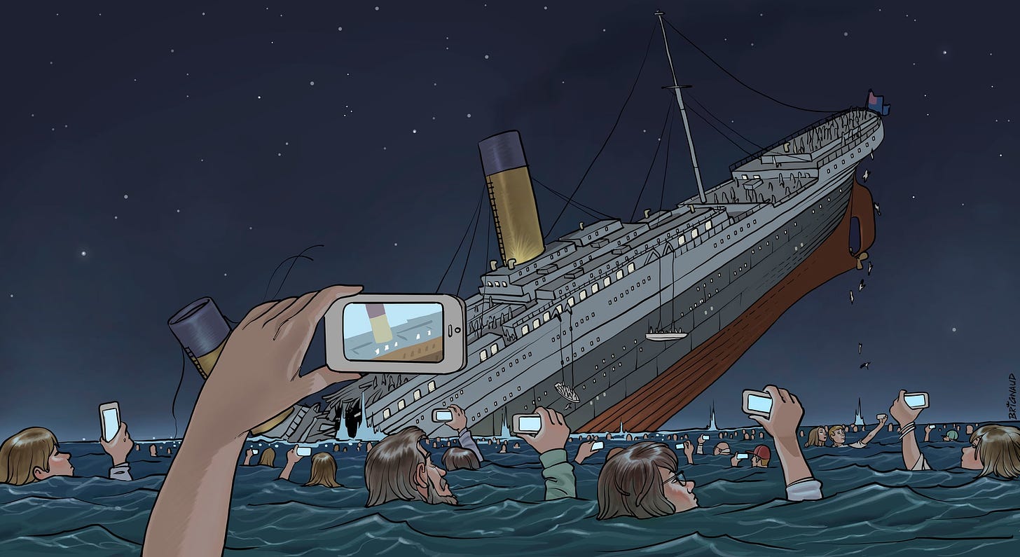 Ilustración de Pierre Brignaud sobre el hundimiento del Titanic en la era de los móviles