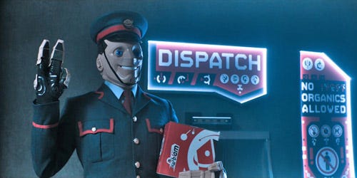 This image shows a Kerb!am Corporation warehouse-supervisor bot holding up its mechanical, three-fingered right hand, almost as if saluting, while holding a red-and-white Kerb!am delivery box. This bot stands near a closed doorway over which hangs a sign with the word "Dispatch" printed on it. To this door's left (and the viewer's right) hangs a sign that bears the phrase "No Organics Allowed." This image shows a Kerb!am Corporation warehouse-supervisor bot holding up its mechanical, three-fingered right hand, almost as if saluting, while holding a red-and-white Kerb!am delivery box. This bot stands near a closed doorway over which hangs a sign with the word "Dispatch" printed on it. To this door's left (and the viewer's right) hangs a sign that bears the phrase "No Organics Allowed."