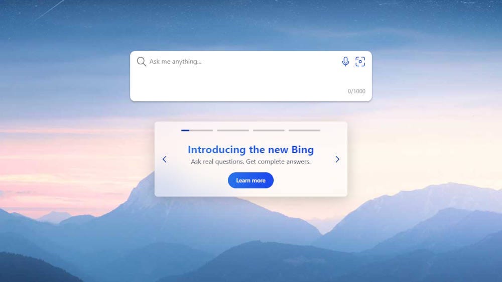The Bing AI chatbot home screen