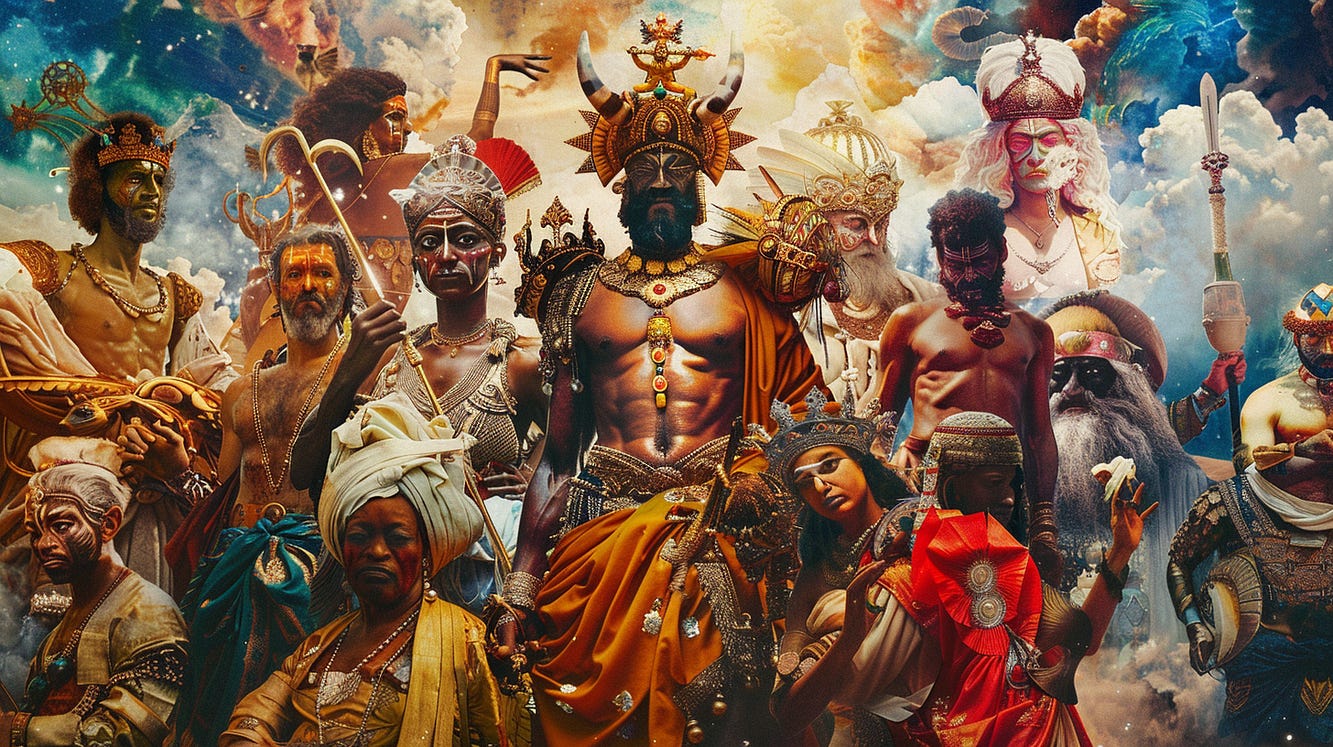 Prompt: polytheistic gods from around the world. a collage in the medium similar modern collage artists. by Midjourney