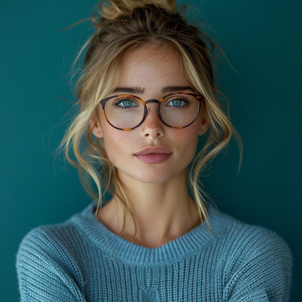 woman, half body visible, deternimed, bossy, serious, with glasses, with arms crossed in front of her body, looking serious and determined, a studio shot, vivid bright contrasting light colors, single flat background