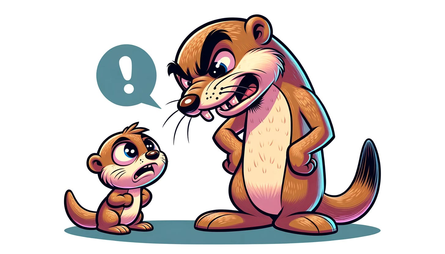 A wide cartoon picture depicting a scene where a cute young weasel is getting yelled at by a mean, bigger, and older weasel. The older weasel appears confident and mean, with exaggerated features like furrowed brows, a scowl, and possibly standing with hands on hips or pointing a finger. The young weasel looks scared, anxious, and dejected, with wide eyes, drooping ears, and a slumped posture, possibly shrinking back in fear. The scene is designed to emphasize the contrast in their expressions and sizes, highlighting the intimidation factor from the older weasel towards the younger one. The style is cartoonish, aiming to capture the characters' emotions vividly while maintaining a cute aesthetic for the younger weasel. This image is intended for use as a banner, requiring a wide format to fit the layout.