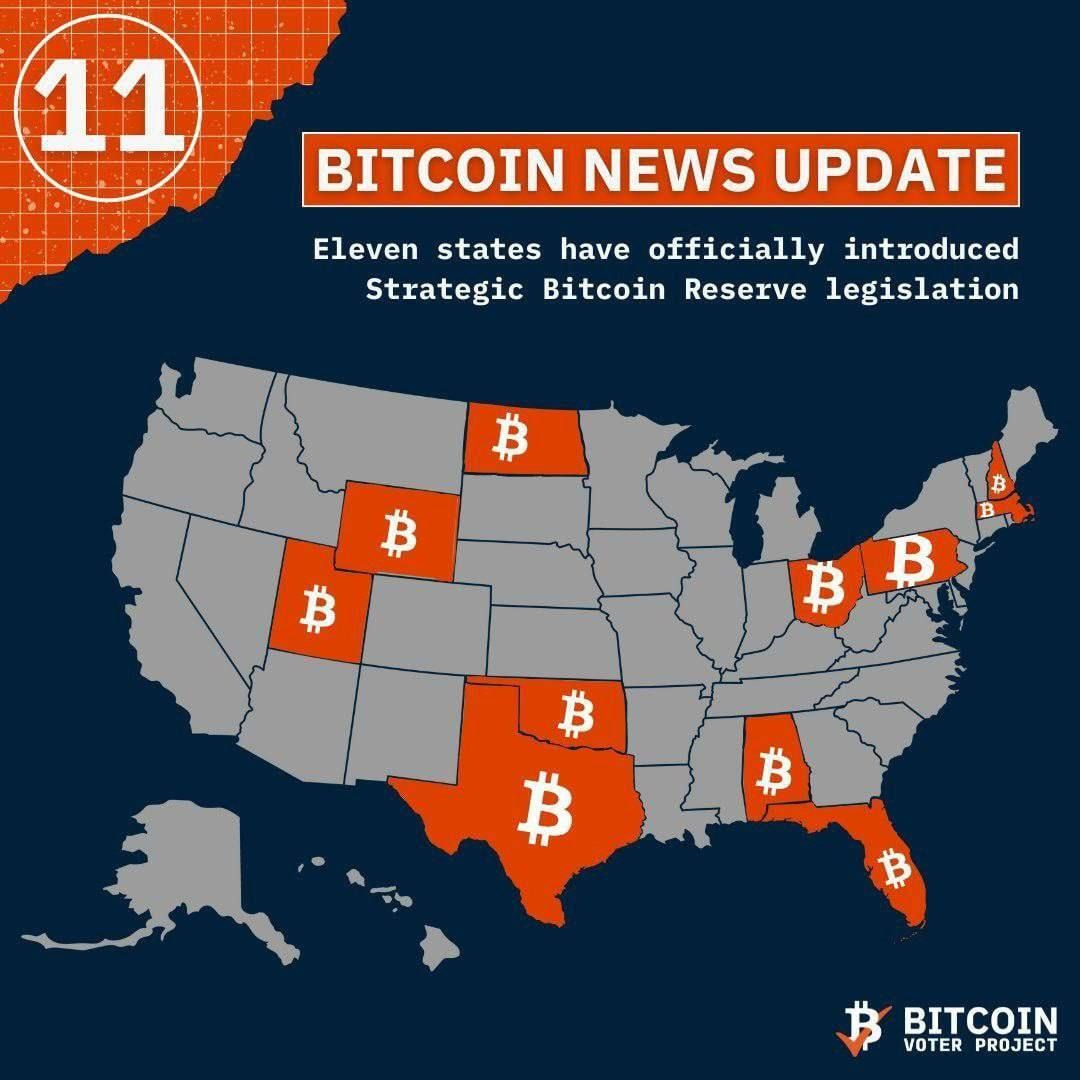 Map of U.S. highlighting 11 states proposing legislation for strategic Bitcoin reserves in January 2025.