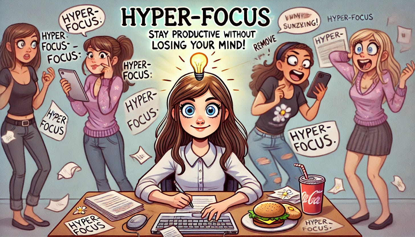 A humorous illustration depicting the concept of hyper-focus. Picture a younger woman with long hair, a slightly intense but friendly and focused look on her face, sitting at her desk surrounded by mild chaos—papers scattered, a phone buzzing, an untouched sandwich nearby, and another young woman standing behind her with a playful smirk. Above her head, a glowing lightbulb representing productivity shines bright, but around her, everything else is humorously disorganized. The caption: "Hyper-Focus: Stay Productive Without Losing Your Mind!" Remove any additional text bubbles.