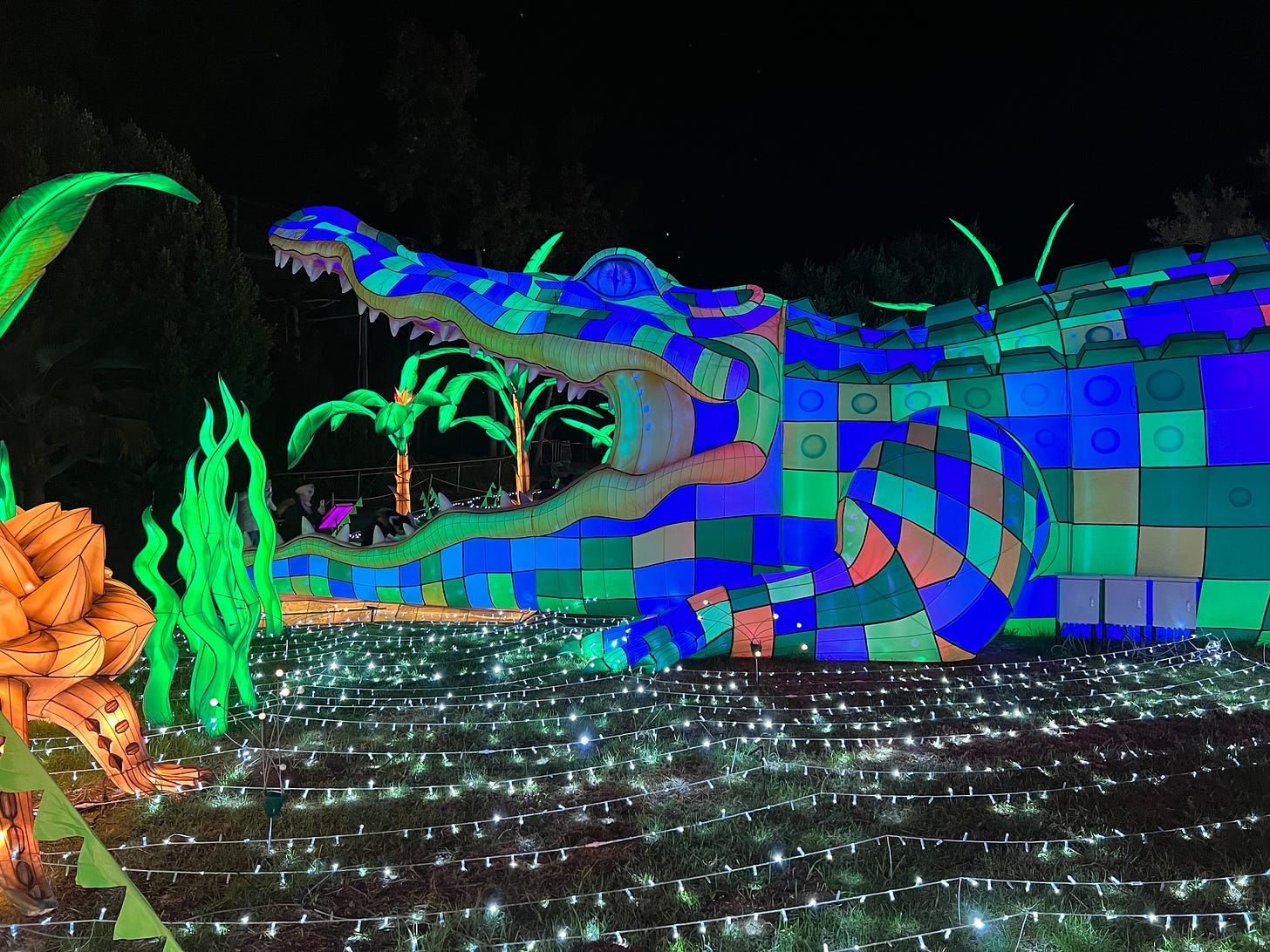 a giant lit up alligator with it's mouth wide open. The field is littered with rope lights and scultures lit up to look like underwater flora.