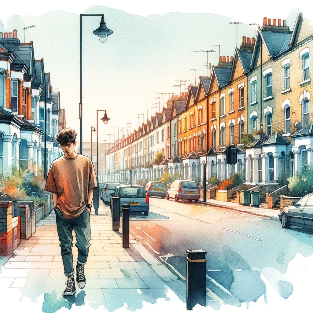 A young man walking home through the streets of Brent, London, in a watercolour illustration. The scene captures the distinctive urban landscape, with terraced houses, street lamps, and local shops lining the pavement. The young man is casually dressed, embodying the vibrant, multicultural spirit of the area. The watercolour style should evoke a sense of fluidity and softness, with gentle color washes and subtle details to convey the peaceful yet lively atmosphere of Brent.