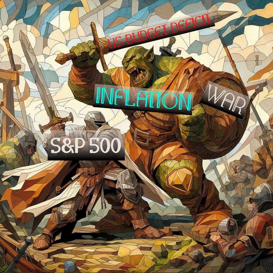 AI art: knight (S&P 500) vs a large ogre (US budget deficit, inflation, war).