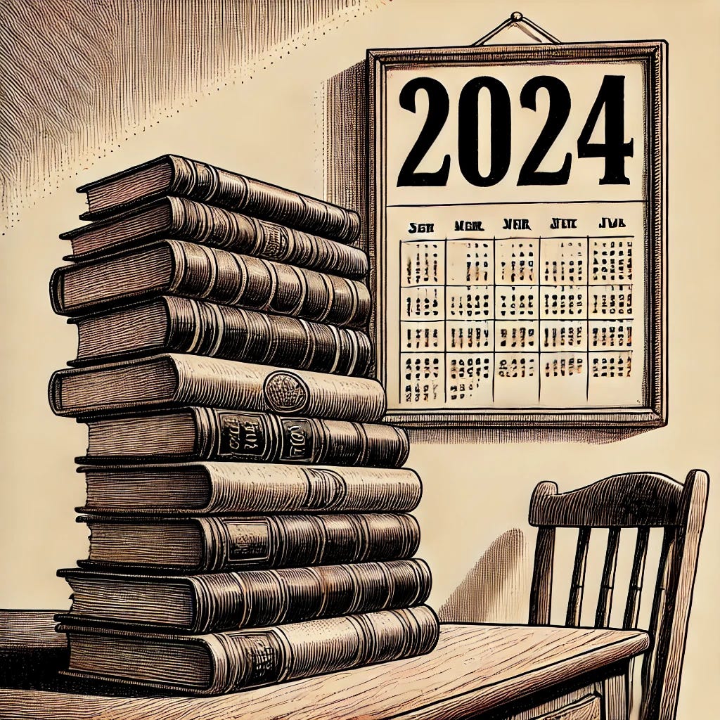 A 1950s style inked illustration depicting a stack of books on a wooden table. In the background, a wall-mounted calendar prominently displays the year '2024' in bold letters. The books are detailed with vintage ink lines, showing a variety of sizes and bindings, arranged in a slightly messy stack. The calendar is minimalist in design, matching the mid-century aesthetic. The scene features soft shading and a muted color palette typical of 1950s artwork, blending the nostalgic style with the modern year to create a timeless composition.