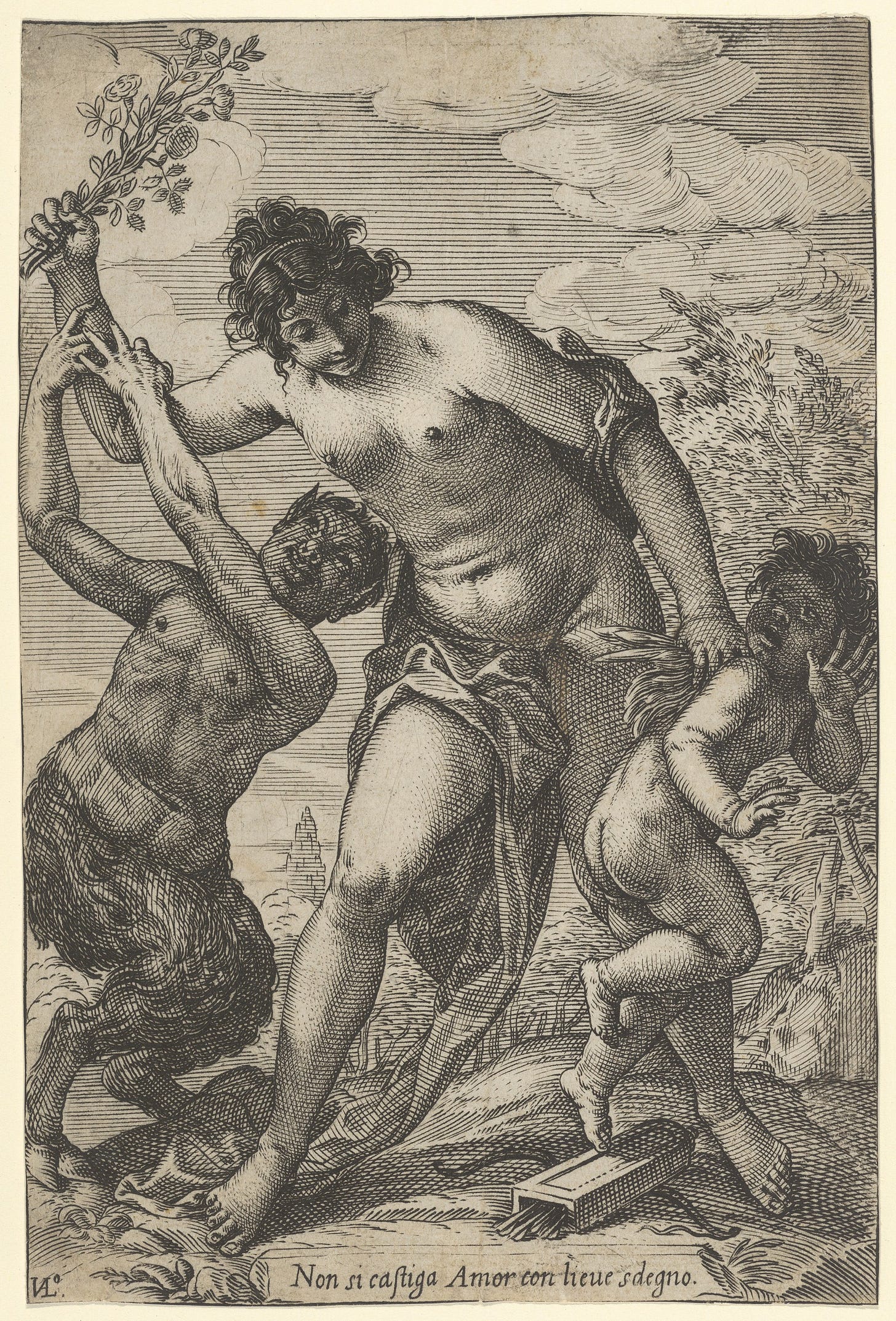 Venus Whipping Cupid with Roses, Giovanni Luigi Valesio (Italian, 1583–1633), Engraving