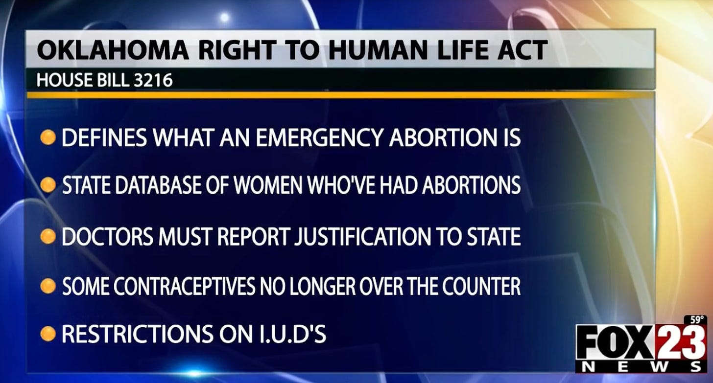 TV graphic detailing Oklahoma bill to ban reproductive freedom