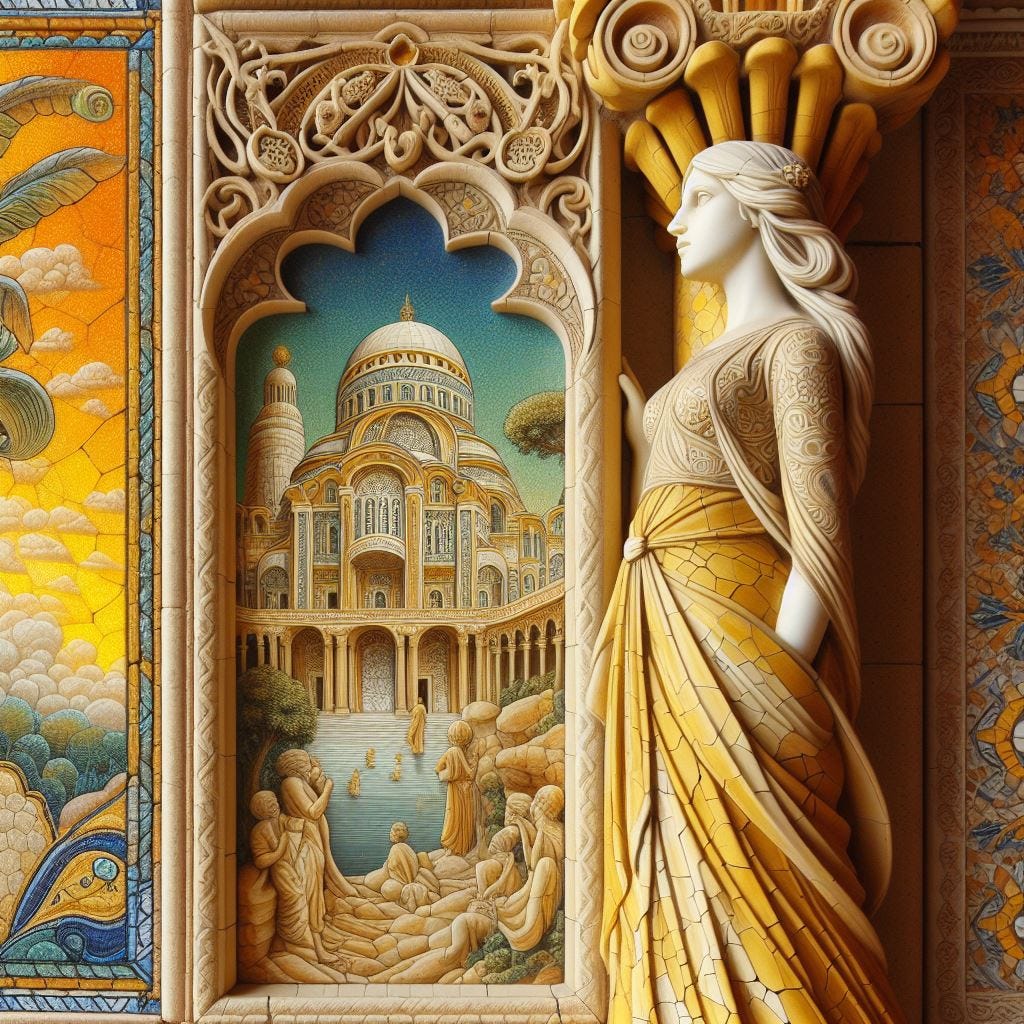 on a totem pole ; a woman in a dress standing near camera, side view. morocan tile with sandstone. creamy yellow aura. long shot. toward camera/window, tapestry in blue; painting of  Library of Celsus (Turkey)/Quatrefoil:Gothic Tracery/ ivory highlight/ red neon. Louver orange decorative ceiling tiles. Moringa tree in foreground bright yellow green. sculptures ivory, cracked porcelain/gold/columns/Misty/ sunny fluffy clouds chunky painting