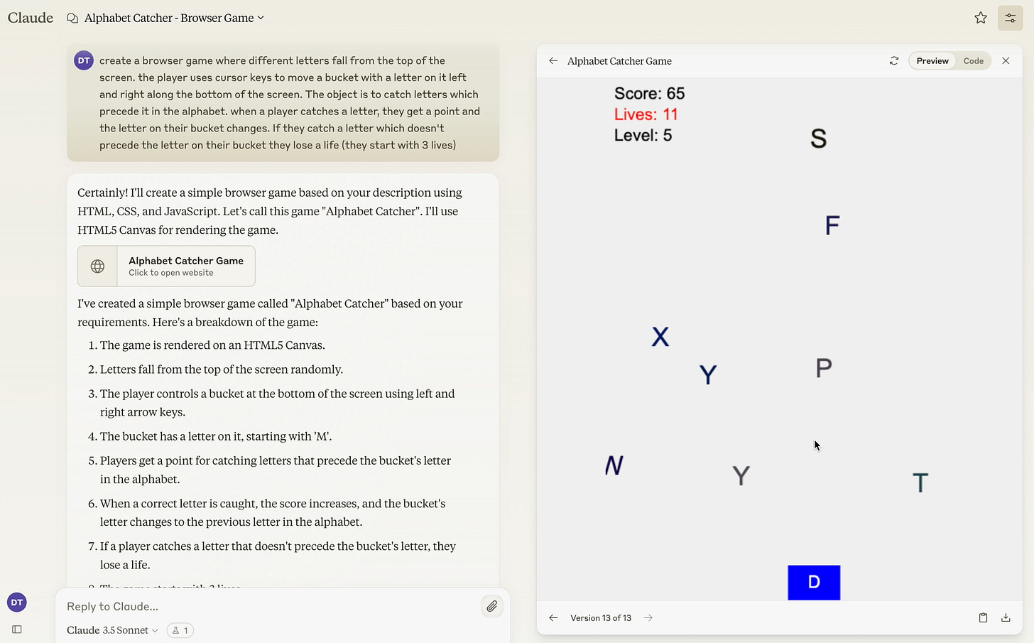 A screenshot of Claude and I co-creating Alphabet Catcher