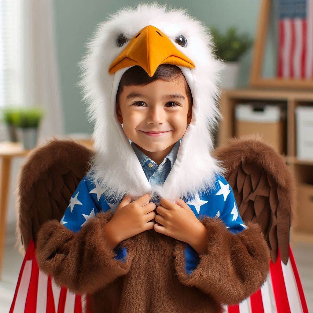 a child putting on a bald eagle costume