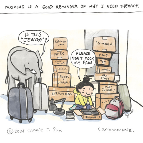 Update: Moving Pains and New Beginnings Sketchbook drawing, personal update, cartoon about moving, packing, by Connie Sun, cartoonconnie