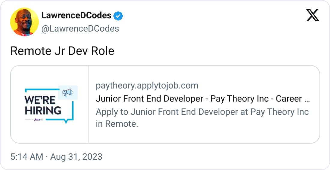 LawrenceDCodes @LawrenceDCodes Remote Jr Dev Role paytheory.applytojob.com Junior Front End Developer - Pay Theory Inc - Career Page Apply to Junior Front End Developer at Pay Theory Inc in Remote.