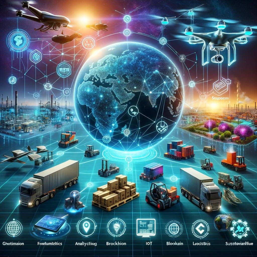 Create a futuristic image that showcases the top supply chain trends for 2024. The image should capture a blend of advanced technologies and innovative practices shaping the future of supply chains. Visual elements might include drones for delivery, AI-driven analytics and forecasting, sustainable green logistics solutions like electric vehicles and solar-powered warehouses, blockchain for traceability and security, and IoT devices for real-time tracking. Highlight the integration of these technologies within a global supply chain network, illustrating a seamless, efficient, and environmentally responsible logistics ecosystem. The overall impression should be one of cutting-edge innovation, sustainability, and enhanced operational efficiency.