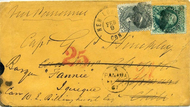 1867 envelope from the US to Chile