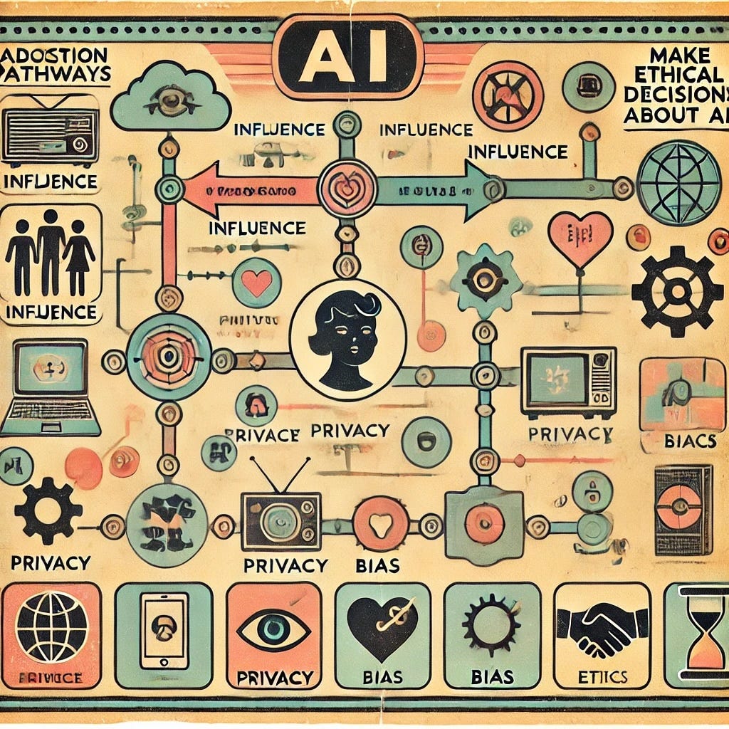 The image is a stylized, retro-futuristic infographic about AI ethics. It features interconnected pathways with nodes labeled with concepts such as "INFLUENCE," "PRIVACY," "BIAS," and "ETHICS." The central focus is a woman's face, surrounded by icons representing technology, gears, hearts, and data. The color scheme consists of muted tones of beige, blue, red, and black, giving it a vintage, schematic-like appearance. The text "MAKE ETHICAL DECISIONS ABOUT AI" appears in the upper right corner, reinforcing the theme of responsible AI adoption. The layout resembles a decision map or circuit board, visually representing AI's ethical considerations.