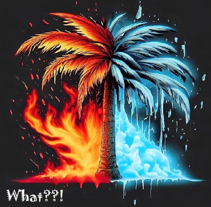 Painting of palm tree one side getting attacked by fire, the other half getting frozen by an ice storm.