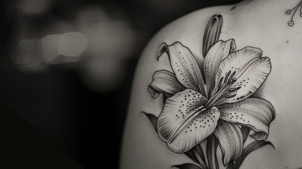 Monochrome lily tattoo sketch on shoulder.